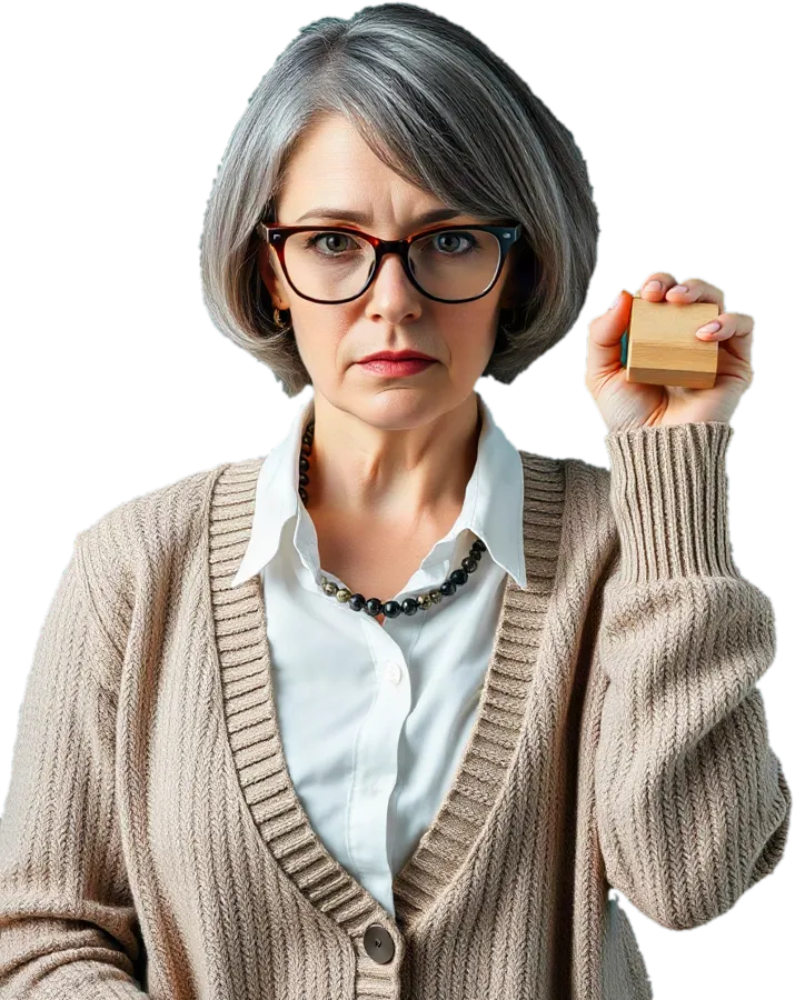 Brenda, the clerk at Window 3: grey bob, reading glasses, beige cardigan, holding a rubber stamp, entirely unimpressed.